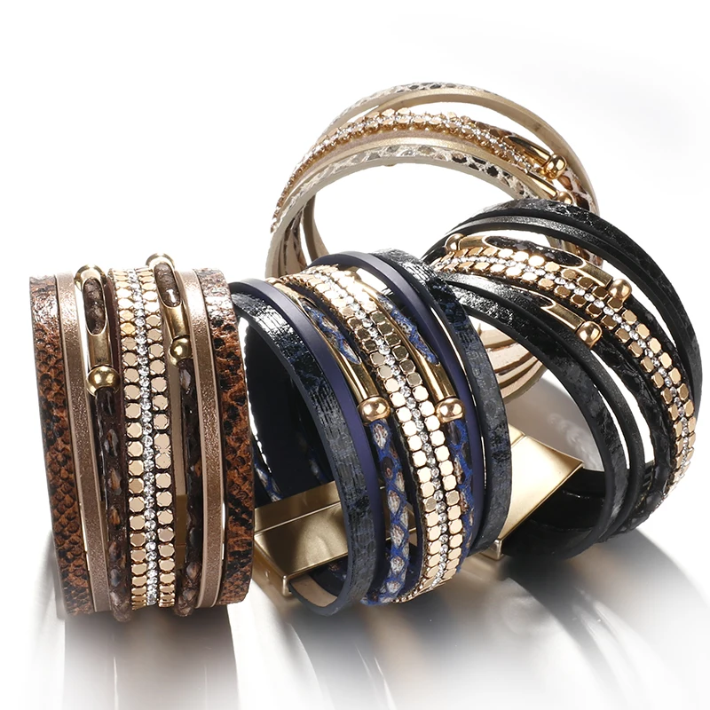 ALLYES Crystal Snake Skin Leather Bracelets for Women Fashion Bohemian Multilayer Charm Bracelet Bangles Female Party Jewelry