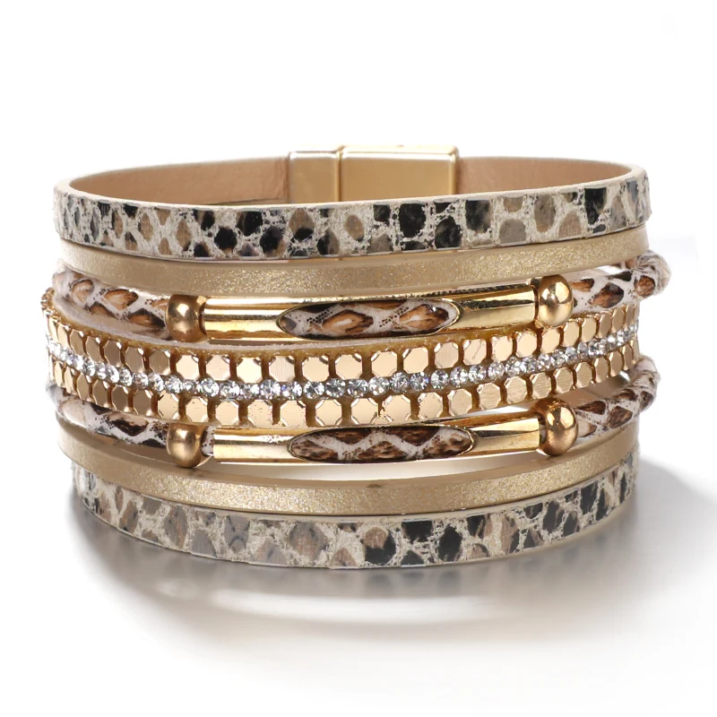 ALLYES Crystal Snake Skin Leather Bracelets for Women Fashion Bohemian Multilayer Charm Bracelet Bangles Female Party Jewelry