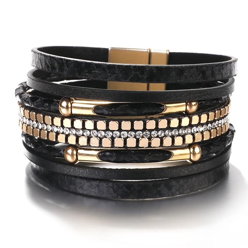 ALLYES Crystal Snake Skin Leather Bracelets for Women Fashion Bohemian Multilayer Charm Bracelet Bangles Female Party Jewelry
