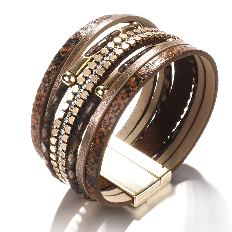 ALLYES Crystal Snake Skin Leather Bracelets for Women Fashion Bohemian Multilayer Charm Bracelet Bangles Female Party Jewelry