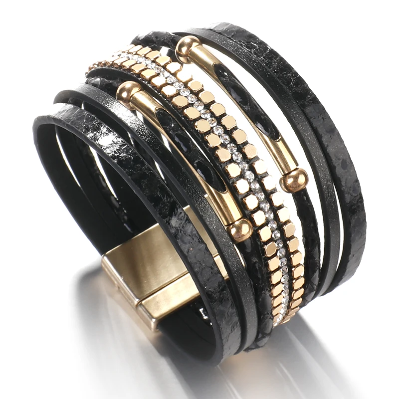 ALLYES Crystal Snake Skin Leather Bracelets for Women Fashion Bohemian Multilayer Charm Bracelet Bangles Female Party Jewelry