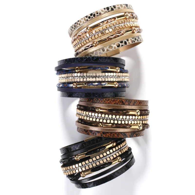 ALLYES Crystal Snake Skin Leather Bracelets for Women Fashion Bohemian Multilayer Charm Bracelet Bangles Female Party Jewelry