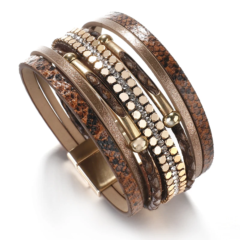 ALLYES Crystal Snake Skin Leather Bracelets for Women Fashion Bohemian Multilayer Charm Bracelet Bangles Female Party Jewelry