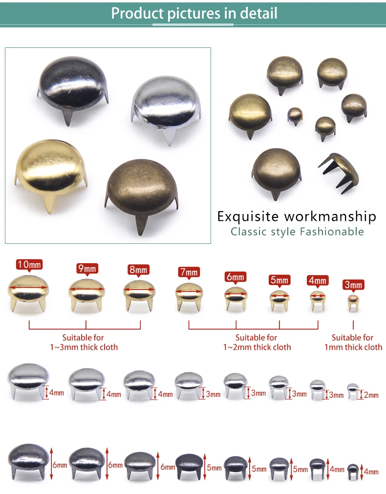 1 PACK Round Brass Dome Rivets Spike Studs Spots Nailhead Punk Rock DIY Leather Craft For Shoes Clothing Bag Garment Decoration