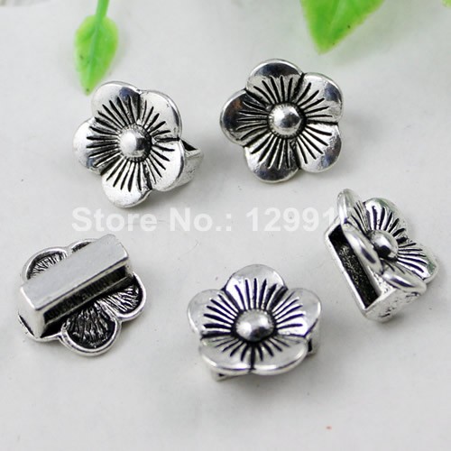 Onebeading Tibetan Silver Flower Slider Beads For Bracelet Necklace DIY Making Accessories 14x15mm Hole:Approx 3x10.5mm 30pcs