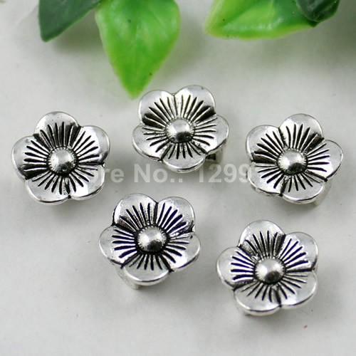 Onebeading Tibetan Silver Flower Slider Beads For Bracelet Necklace DIY Making Accessories 14x15mm Hole:Approx 3x10.5mm 30pcs