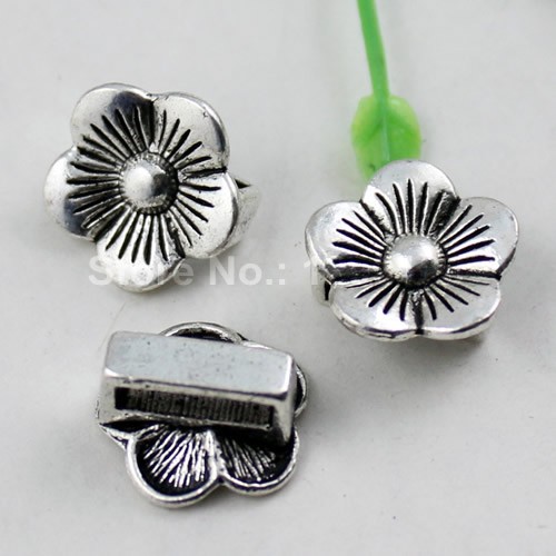 Onebeading Tibetan Silver Flower Slider Beads For Bracelet Necklace DIY Making Accessories 14x15mm Hole:Approx 3x10.5mm 30pcs