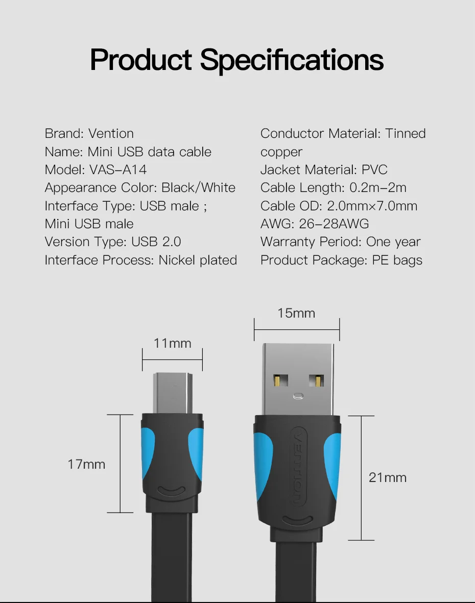 Vention Mini USB Cable Mini USB 2.0 to USB Fast Data Charger Cable for MP3 MP4 Player Car GPS Digital Camera HDD Mini USB