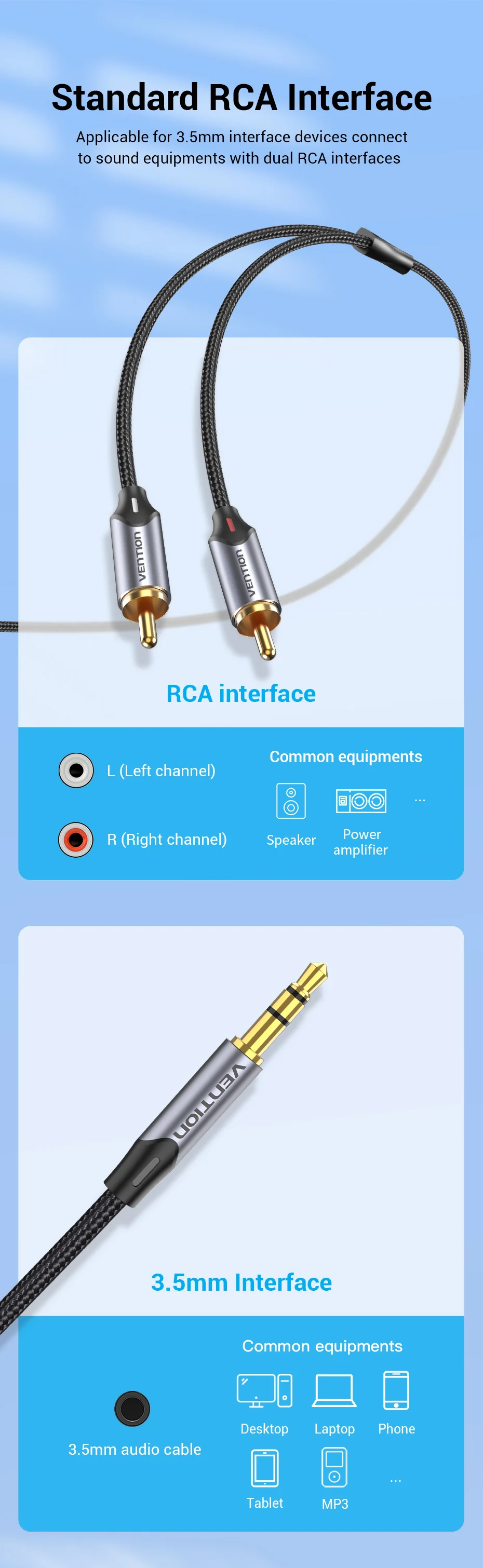 Vention RCA Cable 3.5mm to 2RCA Splitter RCA Jack 3.5 Cable RCA Audio Cable for Smartphone Amplifier Home Theater AUX Cable RCA