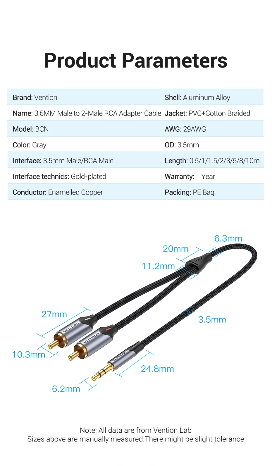 Vention RCA Cable 3.5mm to 2RCA Splitter RCA Jack 3.5 Cable RCA Audio Cable for Smartphone Amplifier Home Theater AUX Cable RCA