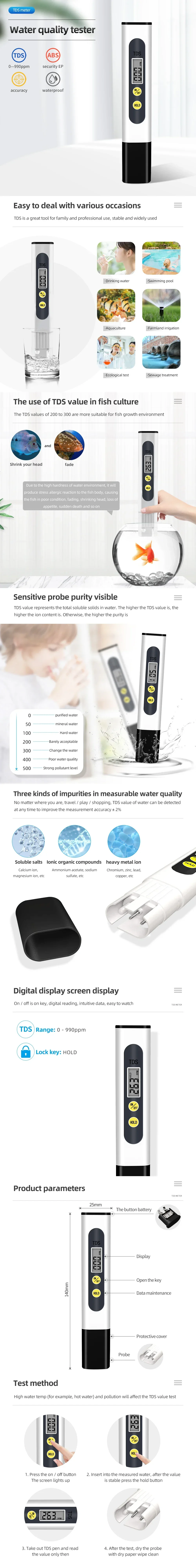 TDS Meter 0-9990ppm Digital PH Meter 0.01 PH High Precision Pen Water Tester TDS&PH Meter 0-14 PH LCD PPM Tester Aquarium Filter