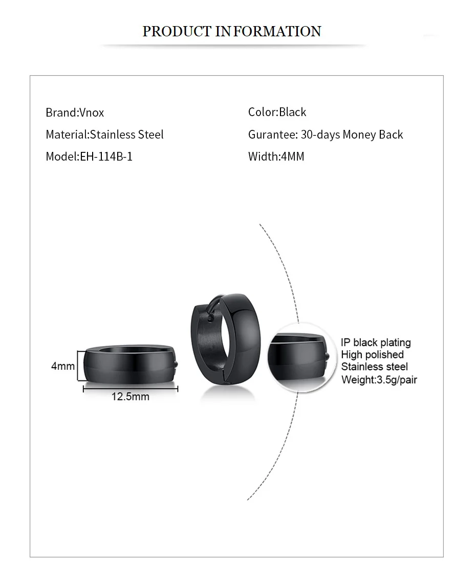 VNOX Cute Hoop Earrings for Men Punk Stainless Steel Huggie Small Earrings 4 Color