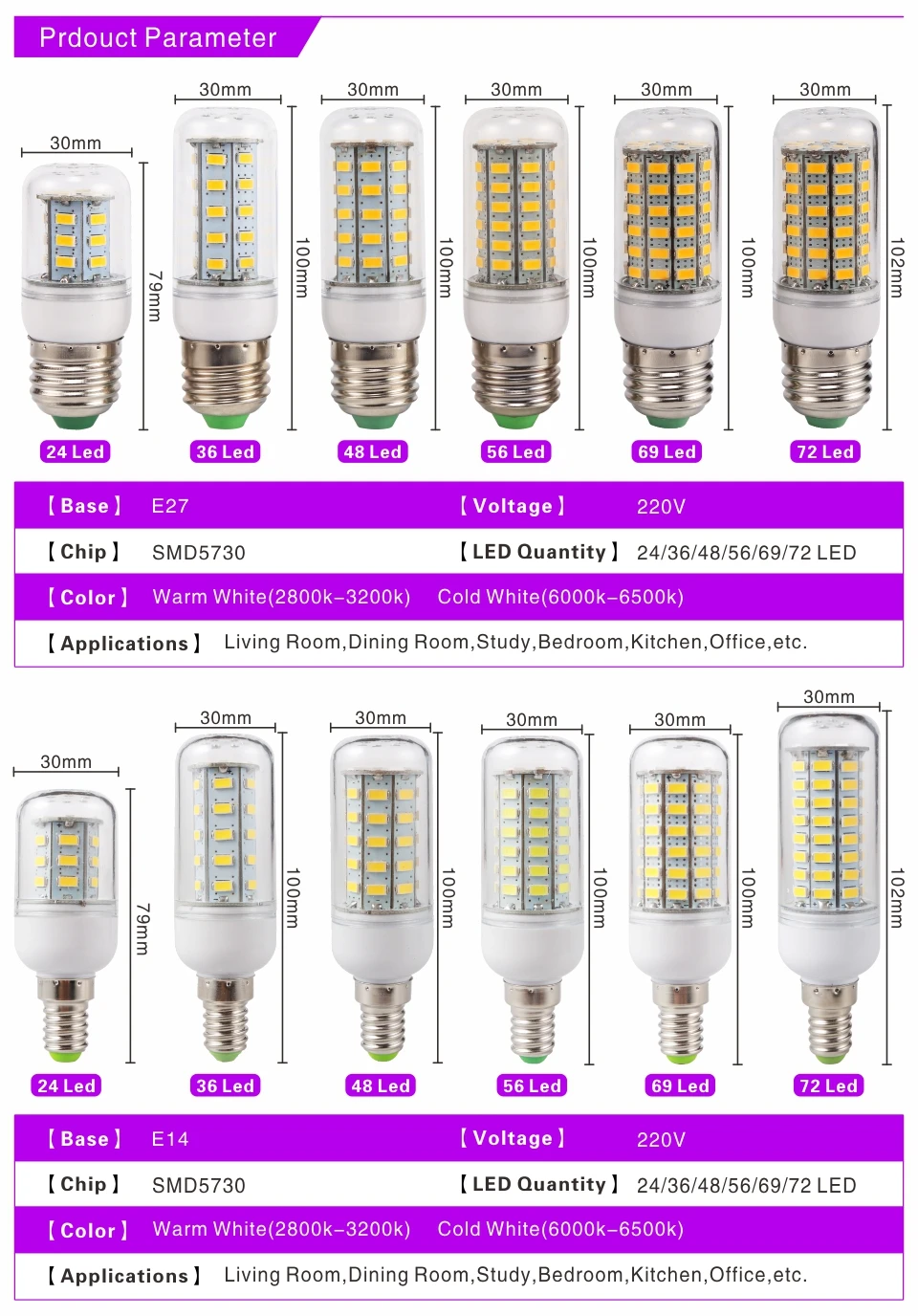 E27 E14 LED Corn Bulb 24 36 48 56 69 72 LEDs SMD 5730 220V Lampada LED Lamp Chandelier Candle LED Light Bulb