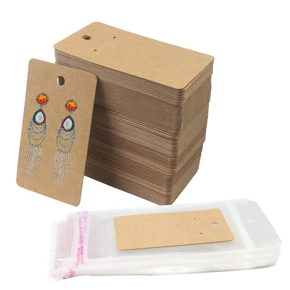 50pcs 5x9cm Kraft Paper Card with Self-Adhesive Bags Blank Cardboard Holder Tags for Long Drop Earring Jewelry Display Packaging