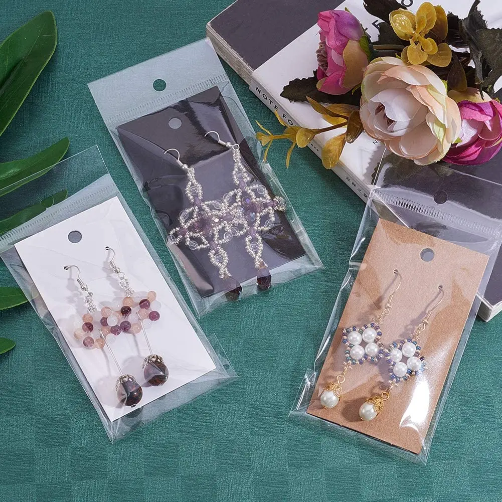 50pcs 5x9cm Kraft Paper Card with Self-Adhesive Bags Blank Cardboard Holder Tags for Long Drop Earring Jewelry Display Packaging