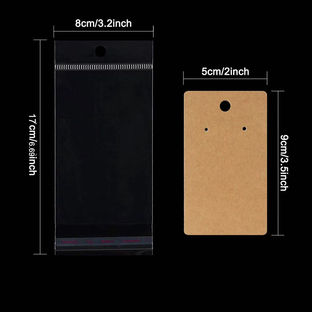 50pcs 5x9cm Kraft Paper Card with Self-Adhesive Bags Blank Cardboard Holder Tags for Long Drop Earring Jewelry Display Packaging