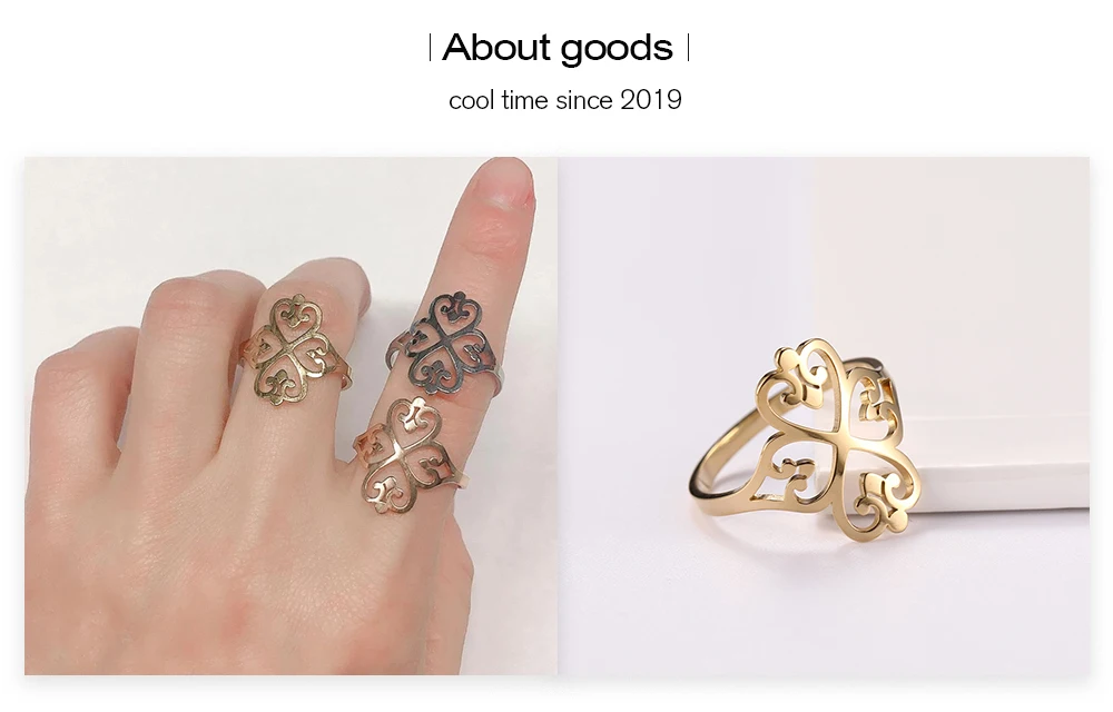 COOLTIME Geometric Filigree Flower Rings for Women Stainless Steel Vintage Four-leaf Clover Ring Birthday Jewelry Gift Wholesale