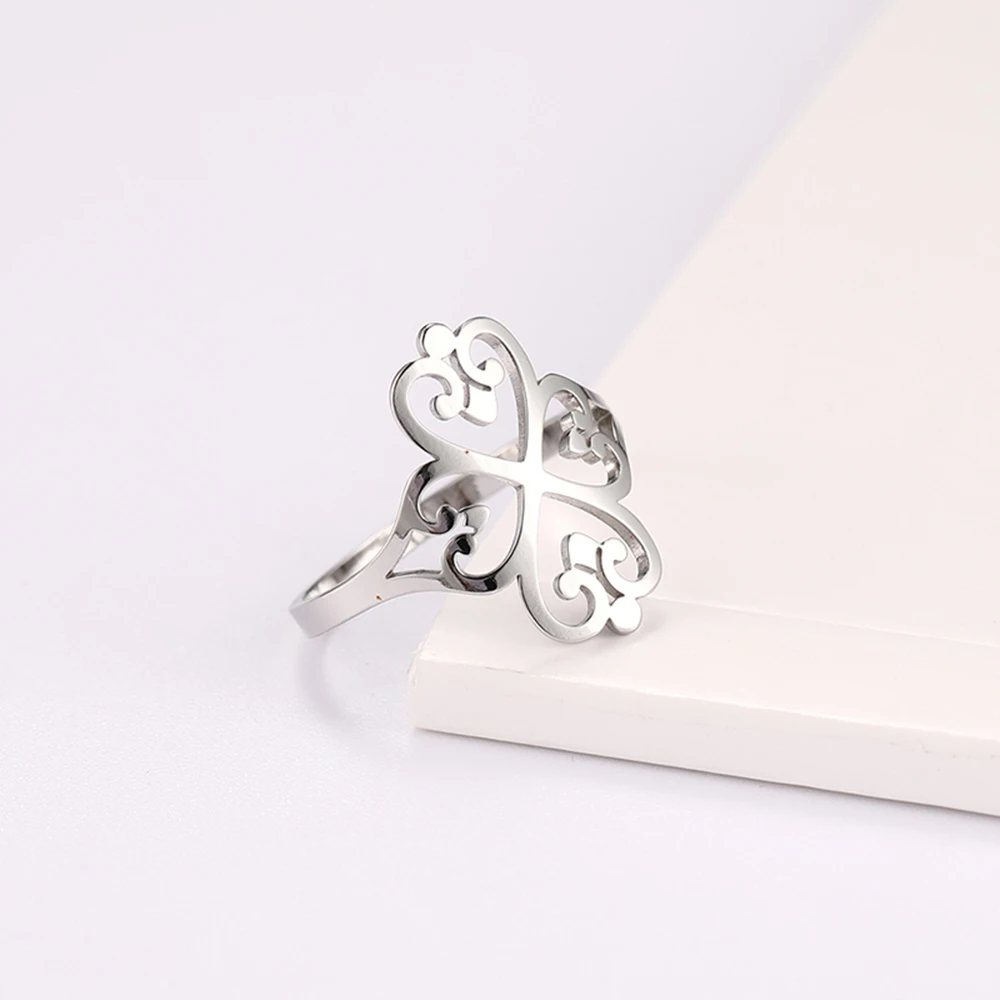COOLTIME Geometric Filigree Flower Rings for Women Stainless Steel Vintage Four-leaf Clover Ring Birthday Jewelry Gift Wholesale