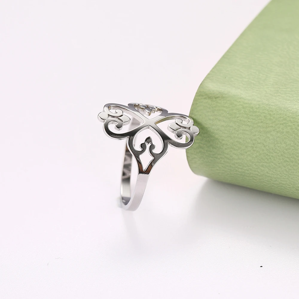COOLTIME Geometric Filigree Flower Rings for Women Stainless Steel Vintage Four-leaf Clover Ring Birthday Jewelry Gift Wholesale