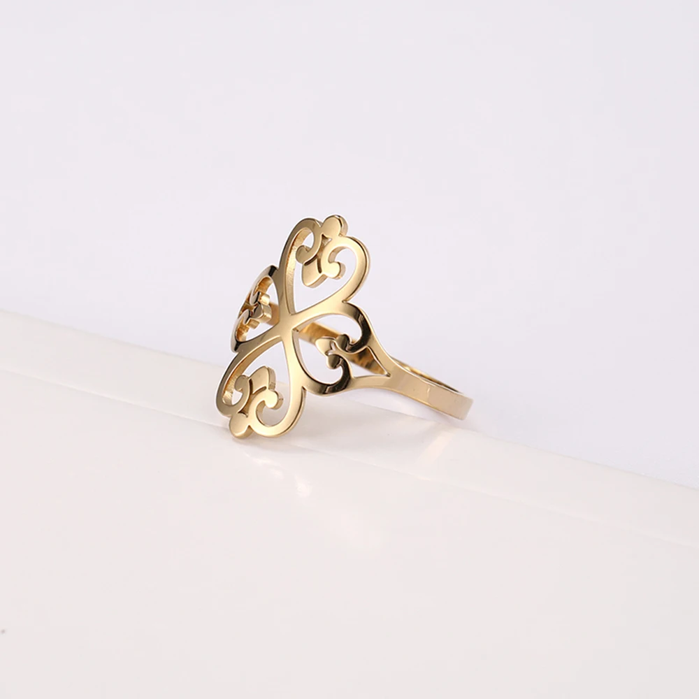 COOLTIME Geometric Filigree Flower Rings for Women Stainless Steel Vintage Four-leaf Clover Ring Birthday Jewelry Gift Wholesale
