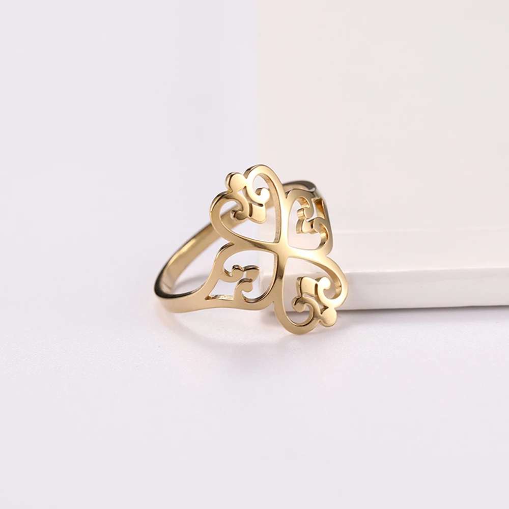 COOLTIME Geometric Filigree Flower Rings for Women Stainless Steel Vintage Four-leaf Clover Ring Birthday Jewelry Gift Wholesale
