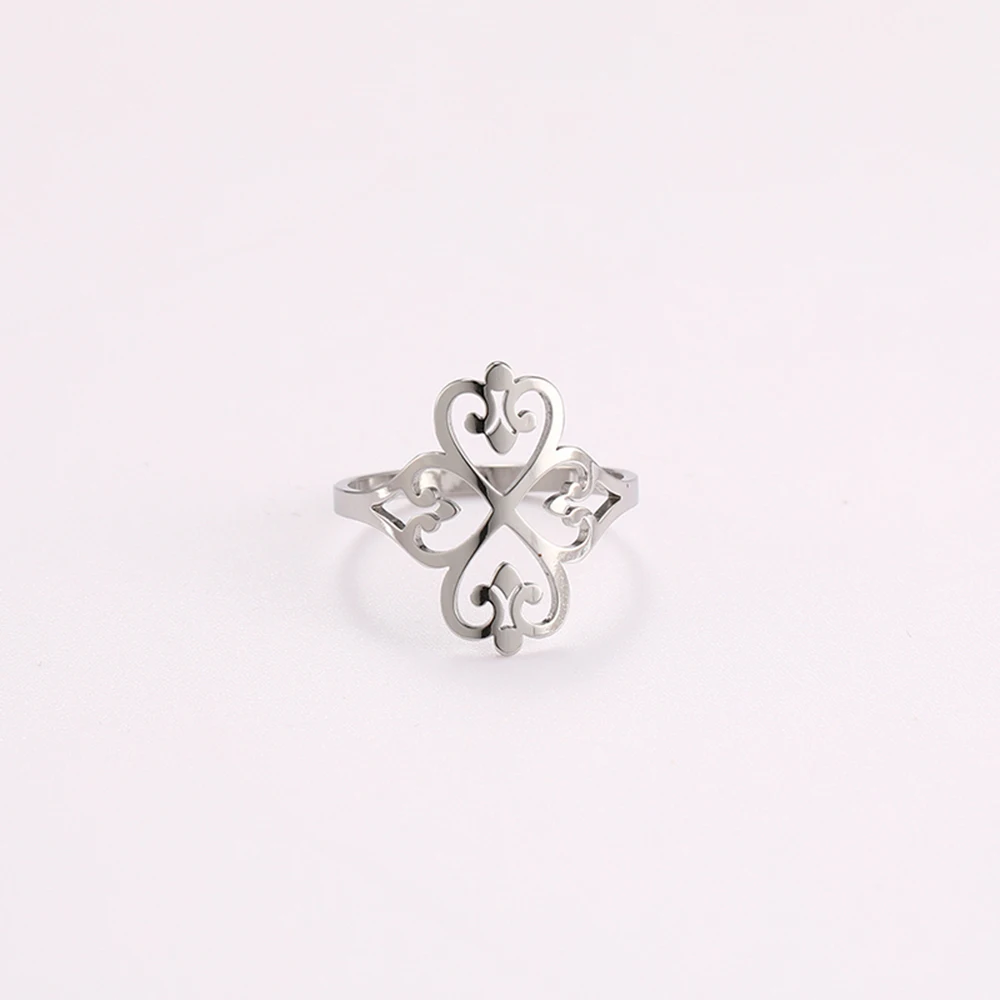 COOLTIME Geometric Filigree Flower Rings for Women Stainless Steel Vintage Four-leaf Clover Ring Birthday Jewelry Gift Wholesale