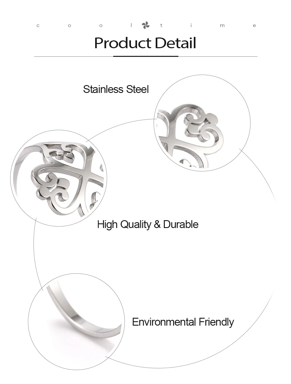 COOLTIME Geometric Filigree Flower Rings for Women Stainless Steel Vintage Four-leaf Clover Ring Birthday Jewelry Gift Wholesale