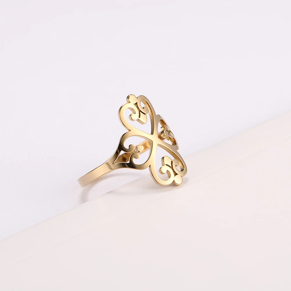COOLTIME Geometric Filigree Flower Rings for Women Stainless Steel Vintage Four-leaf Clover Ring Birthday Jewelry Gift Wholesale