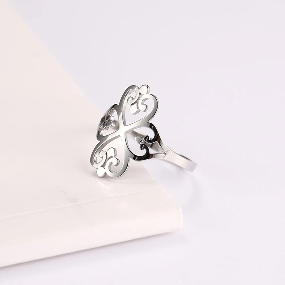 COOLTIME Geometric Filigree Flower Rings for Women Stainless Steel Vintage Four-leaf Clover Ring Birthday Jewelry Gift Wholesale