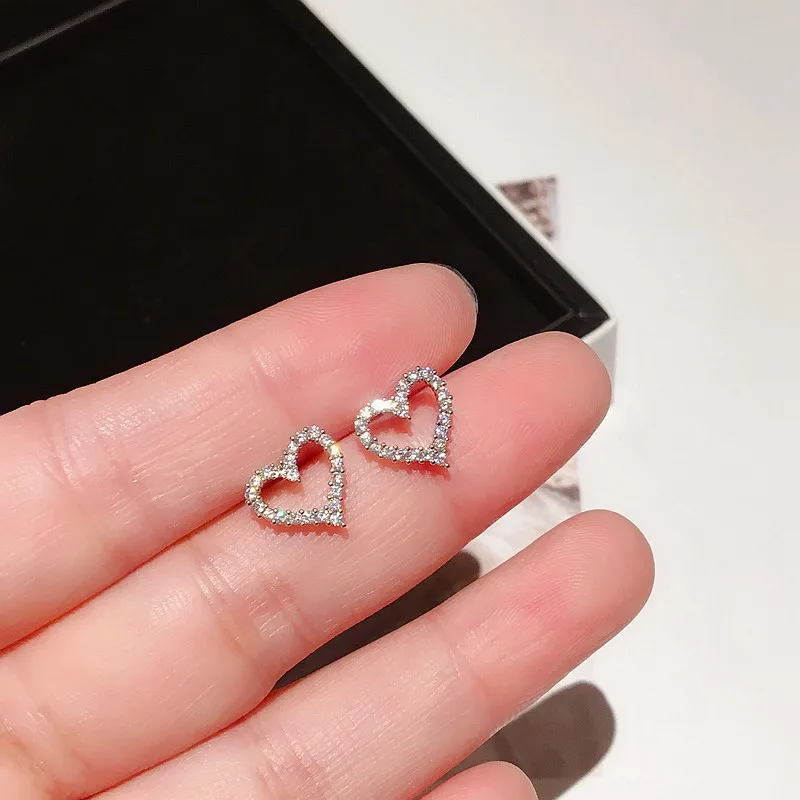 Korean Earrings S925 Silver Color Heart Bling Zircon Stone Stud Earrings for Women Fashion Jewelry 2025 Trend