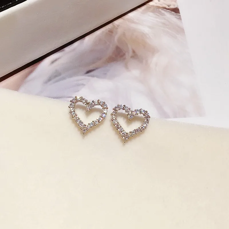 Korean Earrings S925 Silver Color Heart Bling Zircon Stone Stud Earrings for Women Fashion Jewelry 2025 Trend