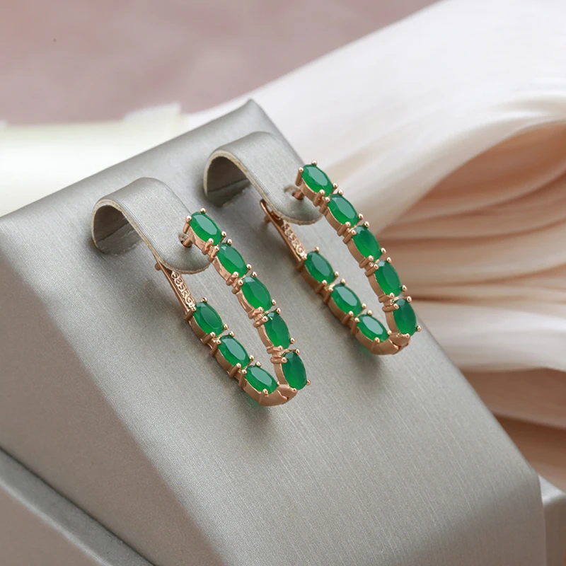 SYOUJYO Full Green Natural Zircon Long Women's Earring 585 Rose Gold Color Vintage Bride Wedding Jewelry Luxury Design Best Gift
