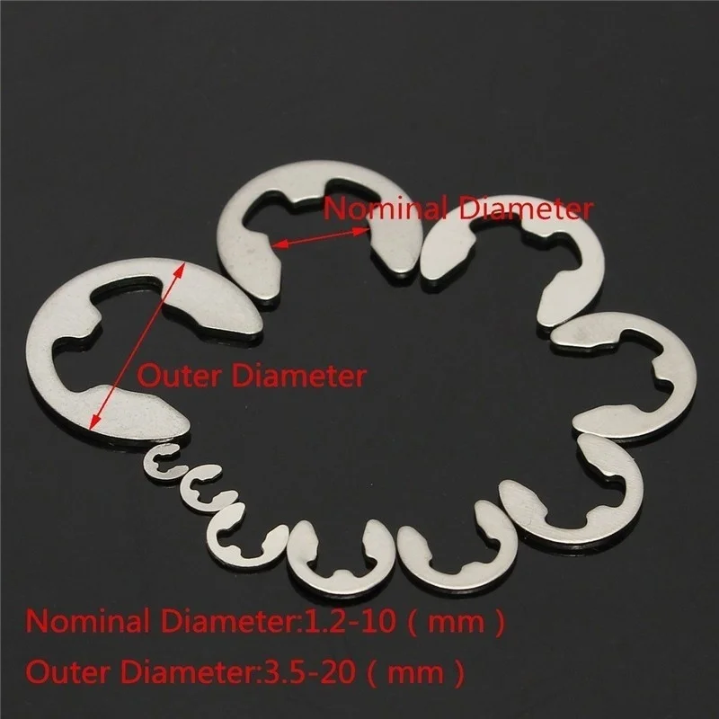 120/200 PCS 304 Stainless Steel Stainless Steel E Clip Washer Assortment Kit Circlip Retaining Ring for Shaft Fastener M1.5~M10