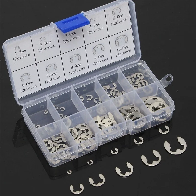 120/200 PCS 304 Stainless Steel Stainless Steel E Clip Washer Assortment Kit Circlip Retaining Ring for Shaft Fastener M1.5~M10