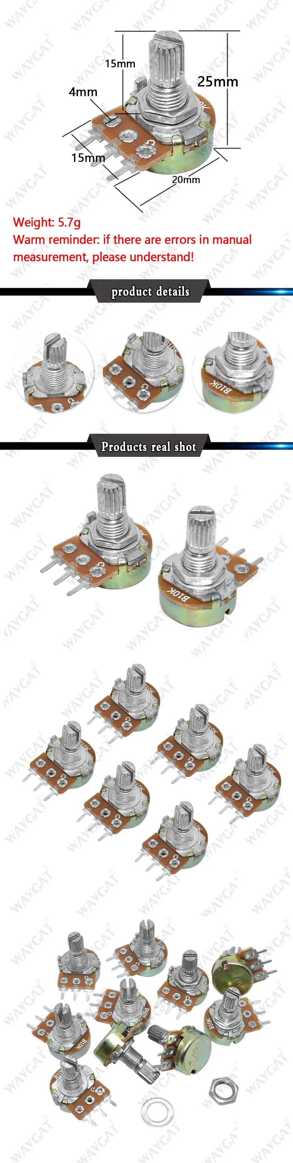 10PCS WH148 Linear Potentiometer B1K B2K B5K B10K B20K B50K B100K B250K B500K B1M 15mm Shaft With Nuts Washers 3pin WH148