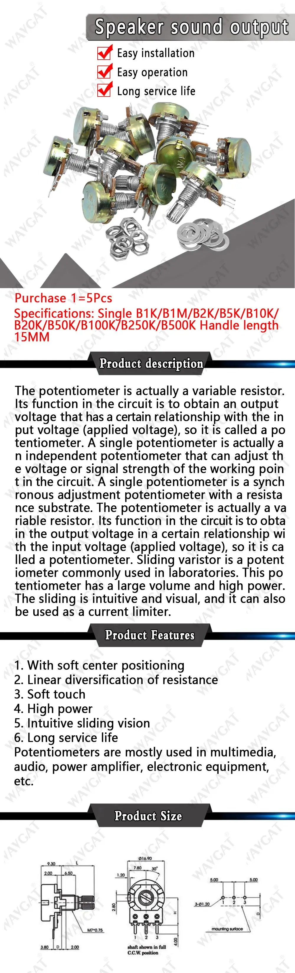 10PCS WH148 Linear Potentiometer B1K B2K B5K B10K B20K B50K B100K B250K B500K B1M 15mm Shaft With Nuts Washers 3pin WH148