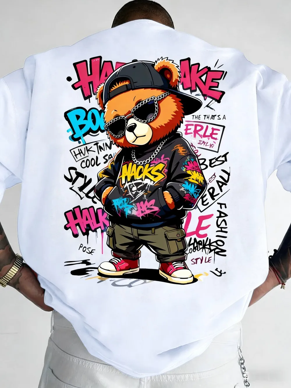 European and American Men's Summer Teddy Bear Graffiti Print Comfortable and Breathable Round Neck T-Shirt Outdoor Street Top