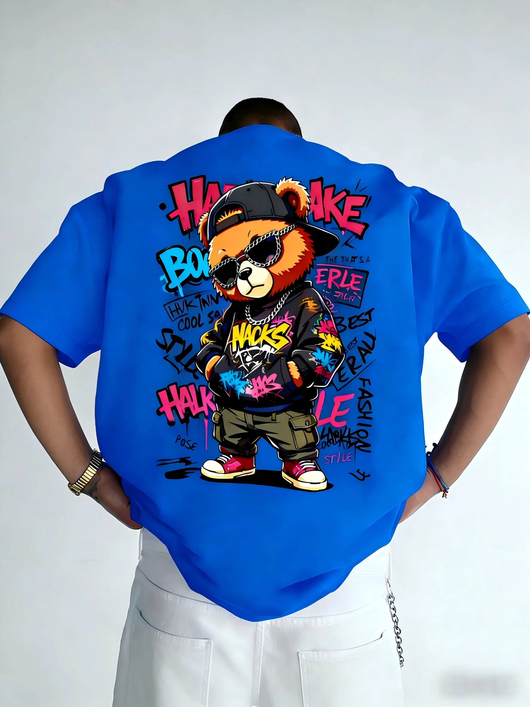 European and American Men's Summer Teddy Bear Graffiti Print Comfortable and Breathable Round Neck T-Shirt Outdoor Street Top