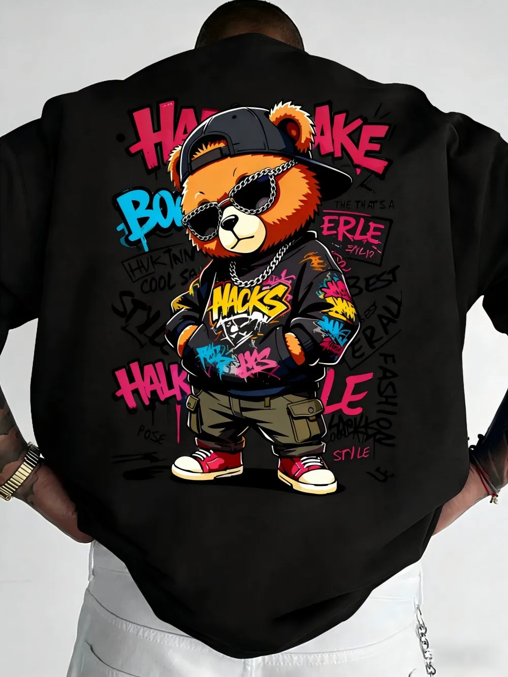 European and American Men's Summer Teddy Bear Graffiti Print Comfortable and Breathable Round Neck T-Shirt Outdoor Street Top