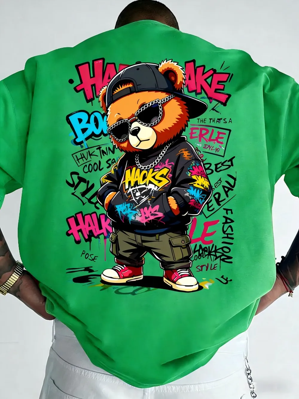 European and American Men's Summer Teddy Bear Graffiti Print Comfortable and Breathable Round Neck T-Shirt Outdoor Street Top