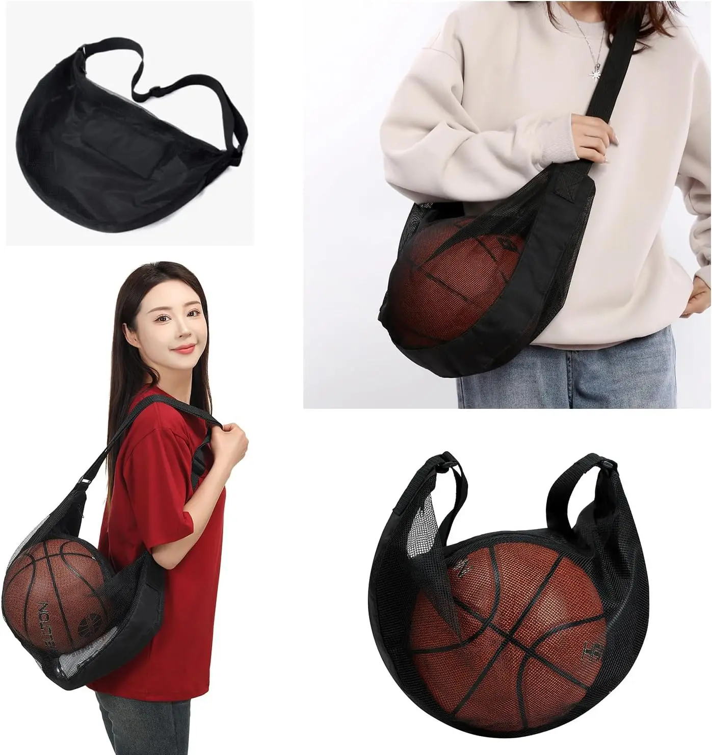 Anti-Tear Mesh Single Ball Bag Fits Size 7 Basketball Soccer Volleyball Crossbody Carrier With Adjustable Strap & Zipper
