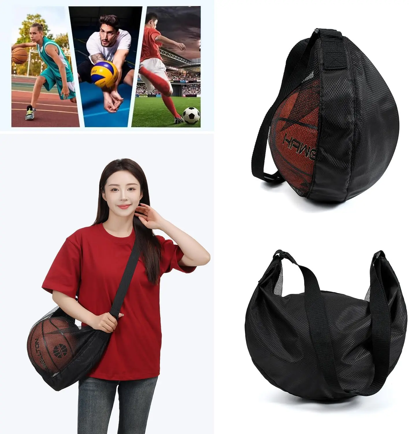 Anti-Tear Mesh Single Ball Bag Fits Size 7 Basketball Soccer Volleyball Crossbody Carrier With Adjustable Strap & Zipper