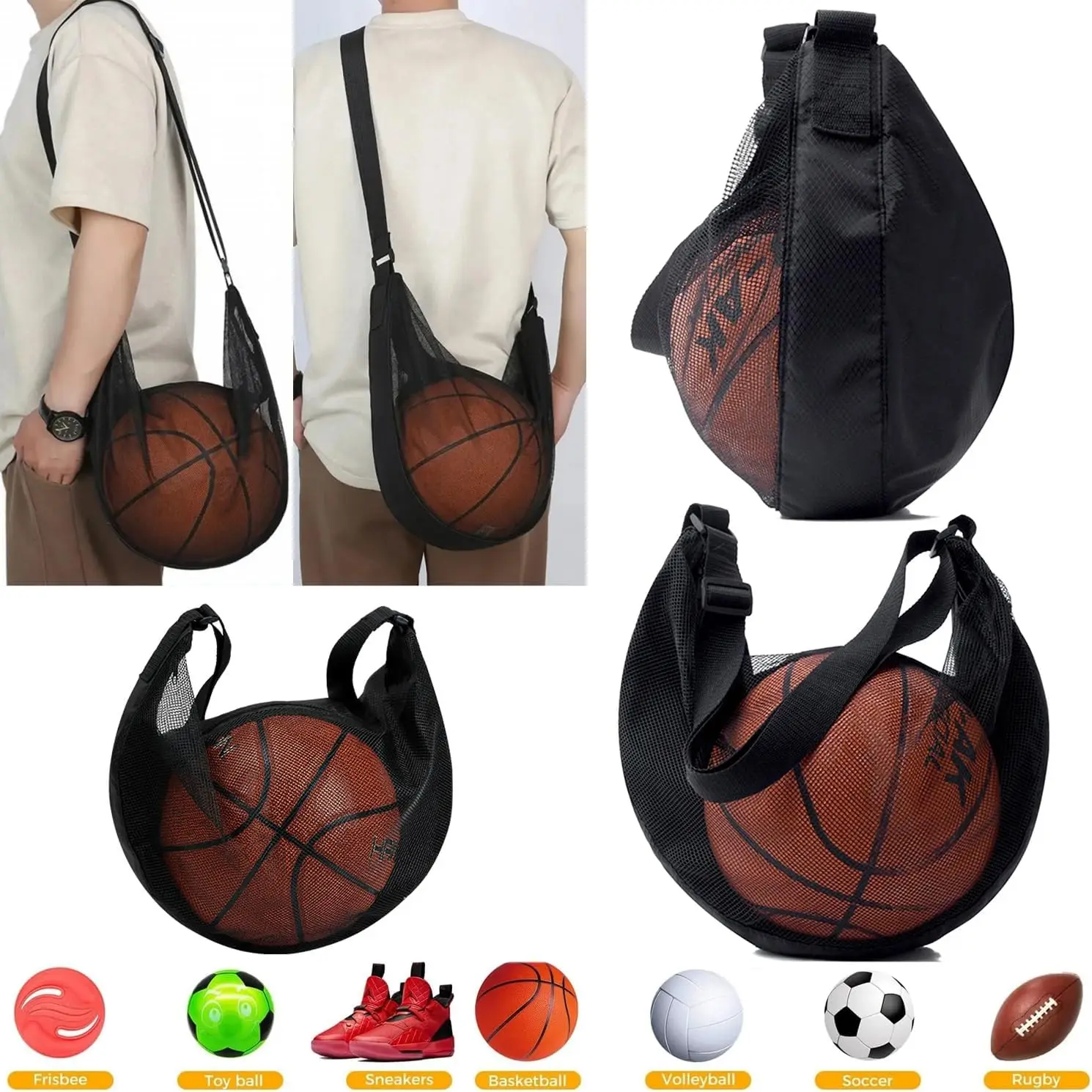 Anti-Tear Mesh Single Ball Bag Fits Size 7 Basketball Soccer Volleyball Crossbody Carrier With Adjustable Strap & Zipper
