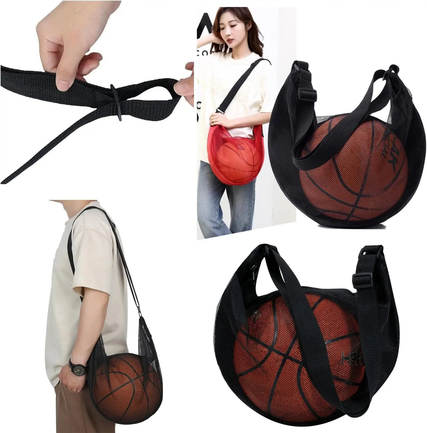 Anti-Tear Mesh Single Ball Bag Fits Size 7 Basketball Soccer Volleyball Crossbody Carrier With Adjustable Strap & Zipper