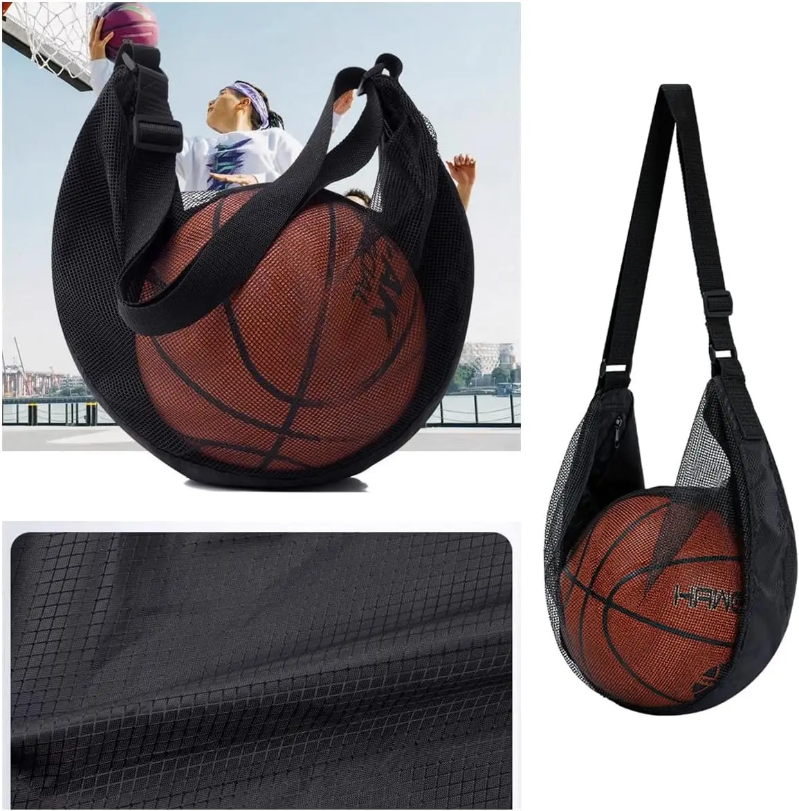 Anti-Tear Mesh Single Ball Bag Fits Size 7 Basketball Soccer Volleyball Crossbody Carrier With Adjustable Strap & Zipper