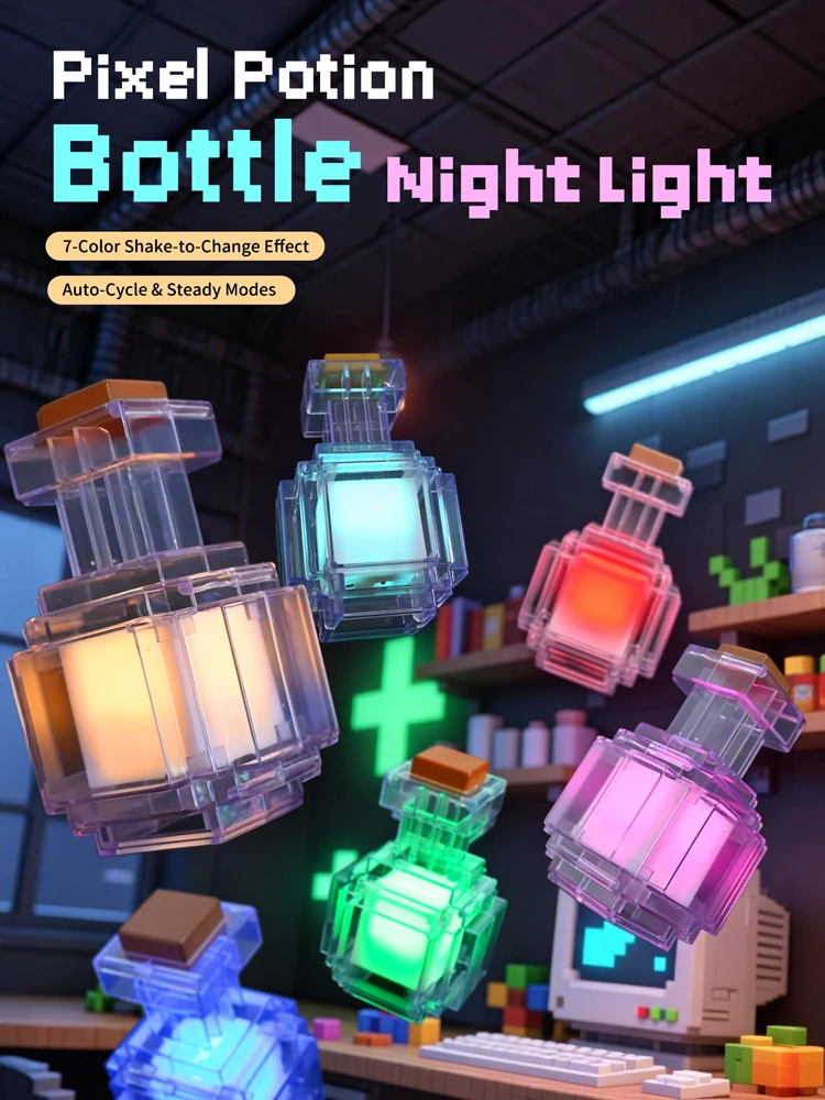 Rechargeable Night Light Mini 7 Color Liquid Medicine Bottle Pixel Wind Peripheral Design Game Toy Bedroom Decor Lamp Kids Gifts