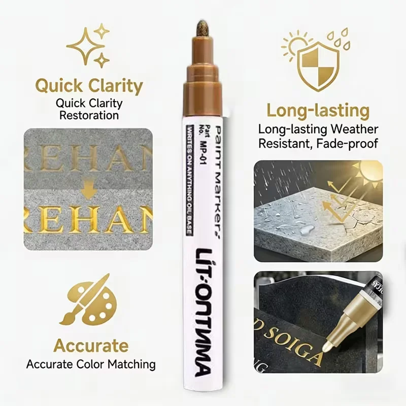 1-2Pcs Golden Tombstone Marker Pen Quick Dry Oil Based Fine Tip Weather Resistant For Granite Marble Cemetery Maintenance