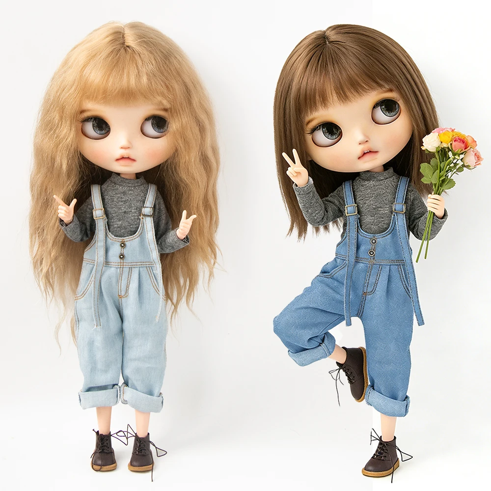 Blyth Doll Clothes Vintage Denim Overalls Long Sleeve Base Layer Top Jeans Pants Set for Ob22 YMY Licca Azone Doll Accessories