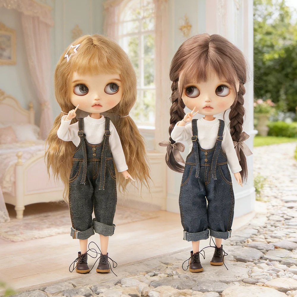 Blyth Doll Clothes Vintage Denim Overalls Long Sleeve Base Layer Top Jeans Pants Set for Ob22 YMY Licca Azone Doll Accessories