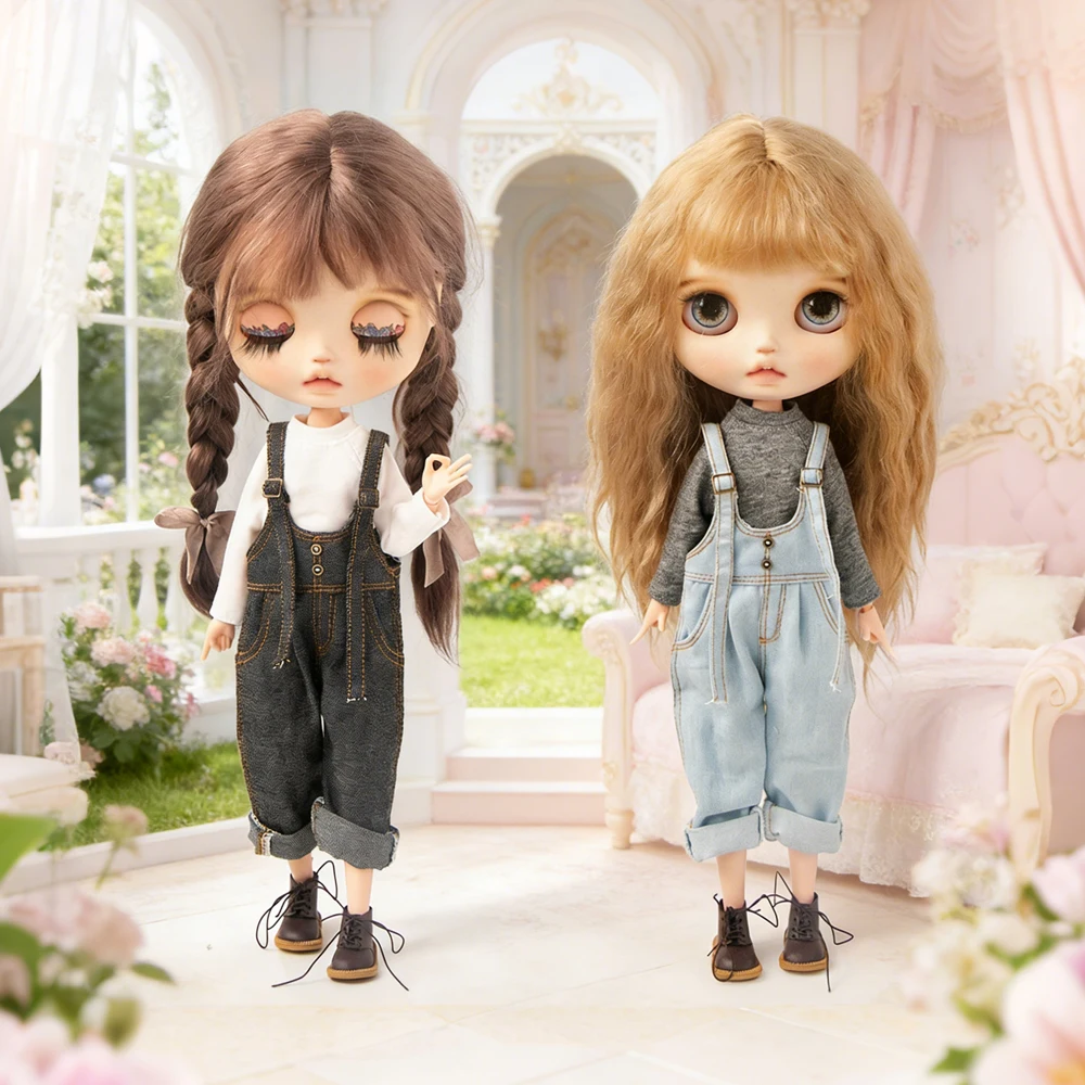 Blyth Doll Clothes Vintage Denim Overalls Long Sleeve Base Layer Top Jeans Pants Set for Ob22 YMY Licca Azone Doll Accessories